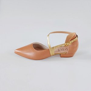 SCARPIN SALTO BLOCO COURO NUDE MEDIO DOURADO CONFORTAVEL
