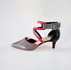 SCARPIN SALTO FINO COURO CINZA VERMELHO CAMPARI PRETO CONFORTAVEL