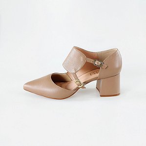 SCARPIN SALTO BLOCO COURO NUDE ESCURO CONFORTAVEL