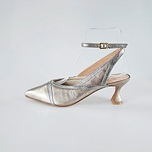 SCARPIN SALTO TACA COURO PRATA VELHA METALIZADO GRAFITE CONFORTAVEL