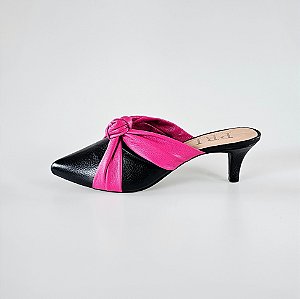 MULE SALTO FINO COURO PRETO PINK CONFORTAVEL