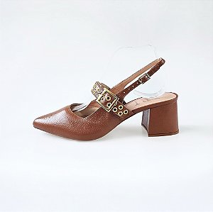 SCARPIN SALTO BLOCO COURO MARROM CONFORTAVEL