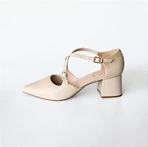 SCARPIN SALTO BLOCO COURO NUDE CLARO CONFORTAVEL