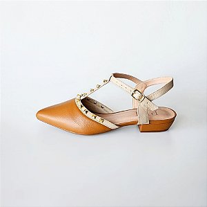 SCARPIN SALTO BLOCO COURO CARAMELO NUDE CLARO CONFORTAVEL