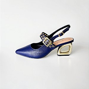SCARPIN SALTO GEOMETRICO COURO AZUL MARINHO CONFORTAVEL
