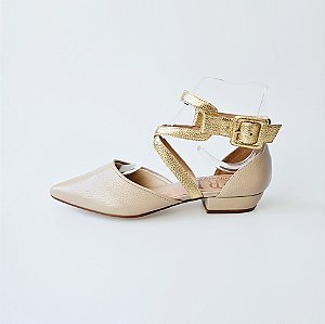 SCARPIN SALTO BLOCO COURO NUDE CLARO DOURADO CONFORTAVEL