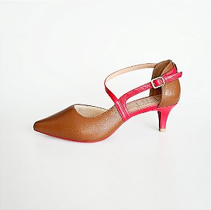 SCARPIN SALTO FINO COURO MARROM VERMELHO CAMPARI CONFORTAVEL