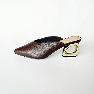 MULE SALTO GEOMETRICO COURO CAFE CONFORTAVEL