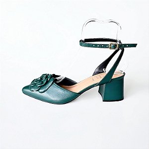 SCARPIN SALTO BLOCO COURO VERDE MILITAR CONFORTAVEL