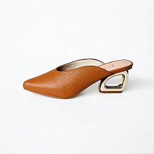 MULE SALTO GEOMETRICO COURO CARAMELO CONFORTAVEL