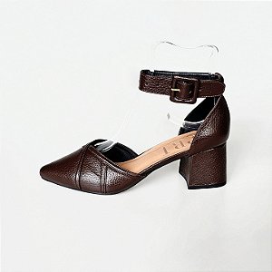 SCARPIN SALTO BLOCO COURO CAFE CONFORTAVEL