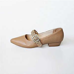 SCARPIN SALTO BLOCO COURO NUDE ESCURO CONFORTAVEL