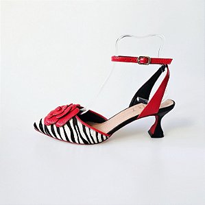 SCARPIN SALTO TACA ZEBRA VERMELHO CAMPARI PRETO CONFORTAVEL