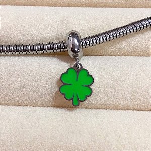 Berloque Trevo 4 Folhas Verde Aço Inox