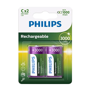 2 Pilhas Baterias C Recarregáveis Philips Tamanho Média 3000mAh