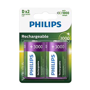 2 Pilhas Baterias D Recarregáveis Philips Tamanho Grande 3000mAh