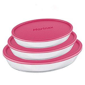 Conjunto de Assadeiras Grandes Ovais Rosa 3 Peças Tampa Marinex