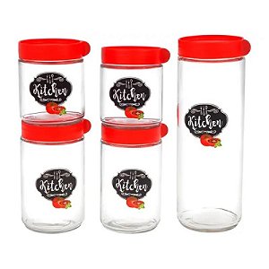 Conjunto de 5 Potes Herméticos Empilháveis de Vidro com Tampas Vermelhas Kitchen - Casambiente