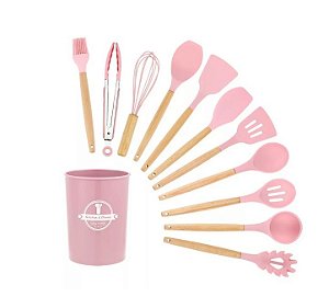 Kit Colheres Silicones 12 Peças Silicone com Suporte de Madeira