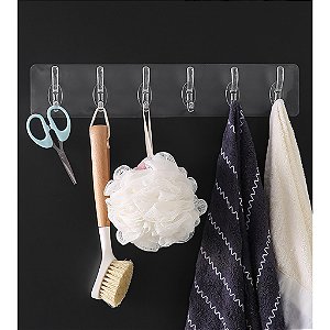 Suporte 6 Ganchos Adesivo Transparente Banheiro Cozinha