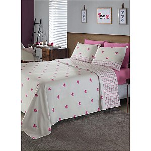 Jogo de Cama 4 Peças 150 Fios Queen CORAÇÃO E XADREZ ROSA