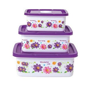 Kit 3 Potes Retangulares Floral Lauren Roxo