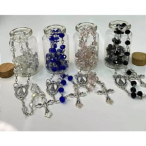 Terço Nossa Senhora Aparecida Prateado + Garrafa Vidro Color