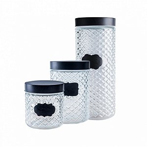 Kit 3 Potes de Vidro Redondo Com Tampa Preta e Adesivo Lousa Tile