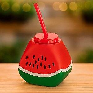 Copo Com Canudo Fatia de Melancia Vermelho Verde 600ml