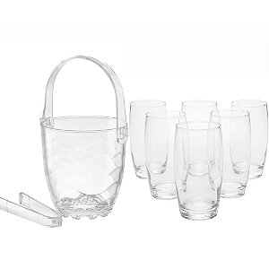 Kit 6 Copos Oca 300ml + Balde De Gelo Vidro Com Alça e Pinça