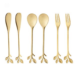 Kit 6 Talheres Garfo Colher Espátula Aço Inox Leaves Wolff