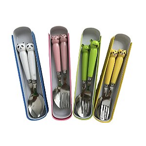 Kit Infantil Colher Garfo Inox de Bichinho + Estojo 3 Peças