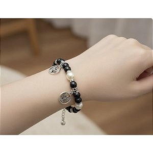 Kit 2 Pulseiras Hematita e Pérola Pingente Espírito Santo Prateado