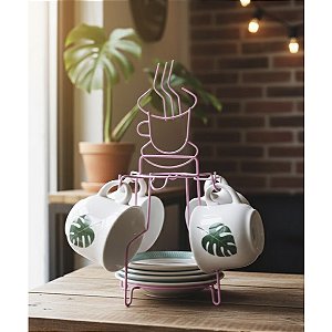 Suporte Porta Xicaras de Café e Pires Material Aramado Rosa