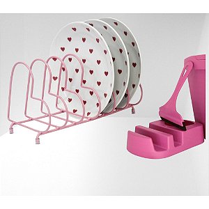 Kit Escorredor de Pratos e Tampas Coração + Porta Detergente e Rodinho Pia