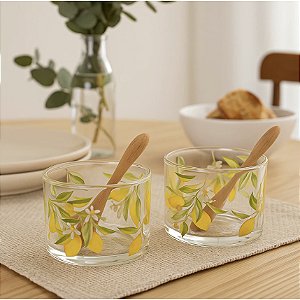 Kit 2 Molheiras De Vidro + 2 Colheres de Bambu Limão Siciliano C954