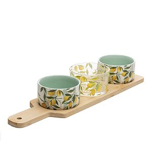 Kit Para Servir 3 Petisqueiras Cerâmica e Vidro + Bandeja de Bambu Linha Siciliano C952