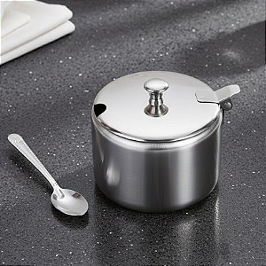 Açucareiro com Colher Aço Inox Redondo Para Cozinha Restaurantes AX200