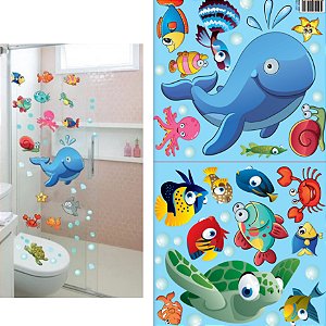 Adesivo Decorativo Para Banheiro Quarto Fundo do Mar Peixes Azul