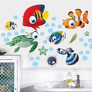 Adesivos de Parede Banheiro Geladeira Tartaruga e Peixes Bolhas