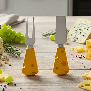 Kit Garfo + Faca Para Queijos e Frios Inox Formato Queijo 12,3cm C87