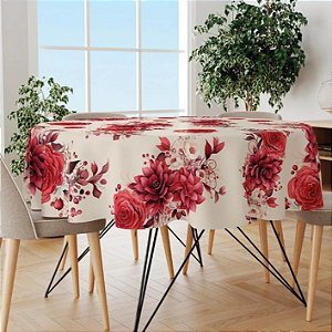 Toalha de Mesa Redonda Bege Estampa de Rosas Vermelhas C5291