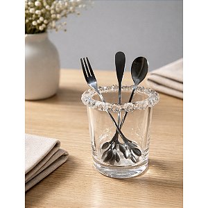 Kit Porta Talher Coração Vidro + Colher Garfo e Espátula Inox 4 Peças