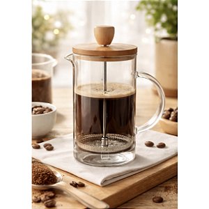 Jarra Cafeiteira Prensa Francesa Vidro e Tampa Bambu 600ml Allmix