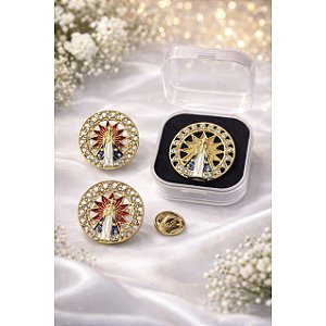 Broche Redondo Nossa Senhora Aparecida Com Pedras + Caixinha