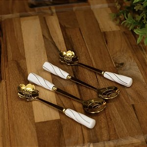 Kit 4 Colheres Inox Cabo Cerâmica Dourado Branco Flowers Wolff C84