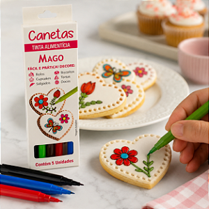 Canetas Tinta Alimentícia p/ Decoração Ponta Fina c/ 5 Cores Mago