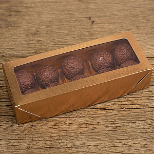 10 Caixas Laminadas Ouro Com Visor Para 10 Doces Embalagem 20x8x4cm Brigadeiros Festa Natal C4672 Ideia