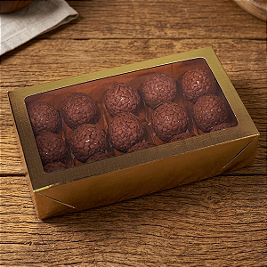10 Caixas Laminada Ouro Com Visor Para 15 Doces Embalagem Festa 20x12x4cm Brigadeiros Encomendas Natal C4674 Ideia