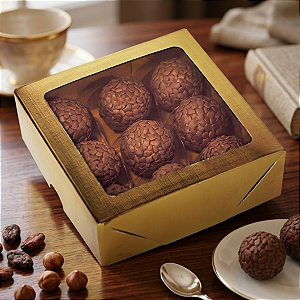 10 Caixas Laminadas Ouro Com Visor Para 9 Doces Presente Embalagem Brigadeiros Encomendas Natal Festa C4671 Ideia